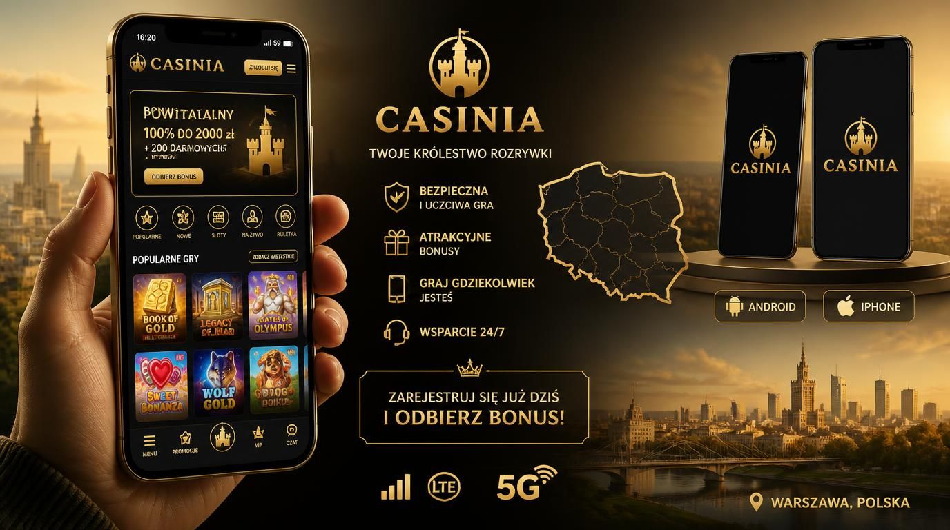 Ekran aplikacji Casinia na Androidzie i iOS z elementami charakterystycznymi dla Polski