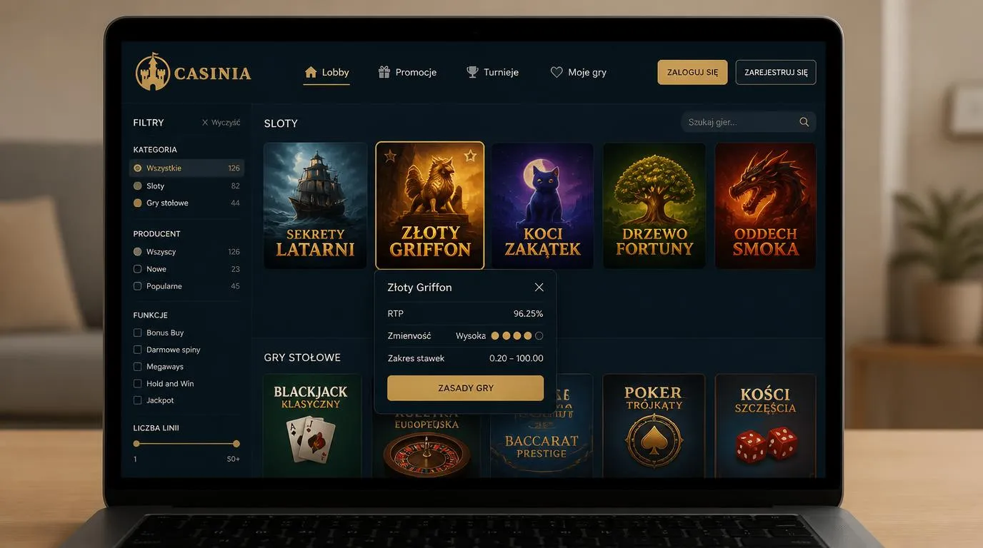 Ekran wyboru automatów RNG i gier stołowych z filtrami oraz kartami z informacjami o grach