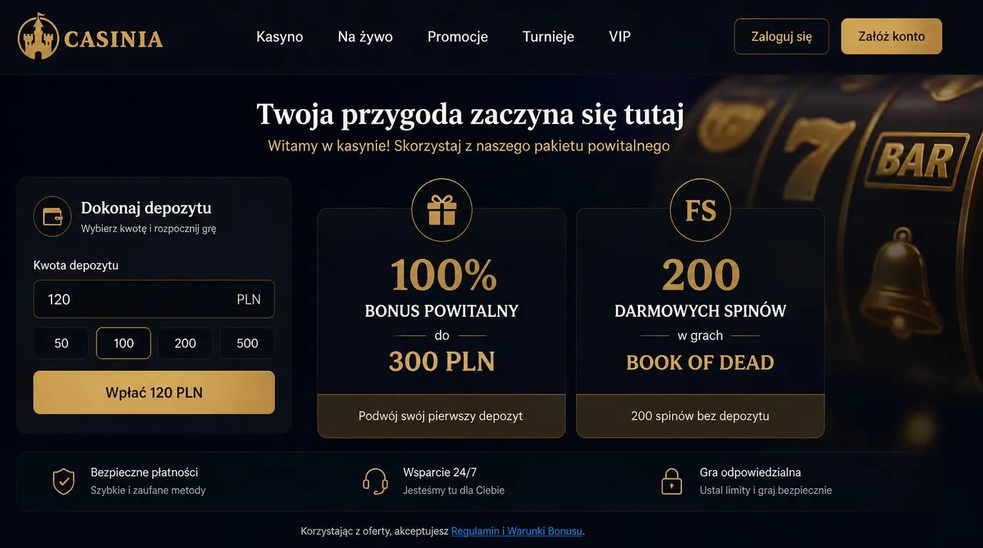 Ekran oferty powitalnej z kwotą depozytu, premią do 300 PLN i symbolem darmowych spinów