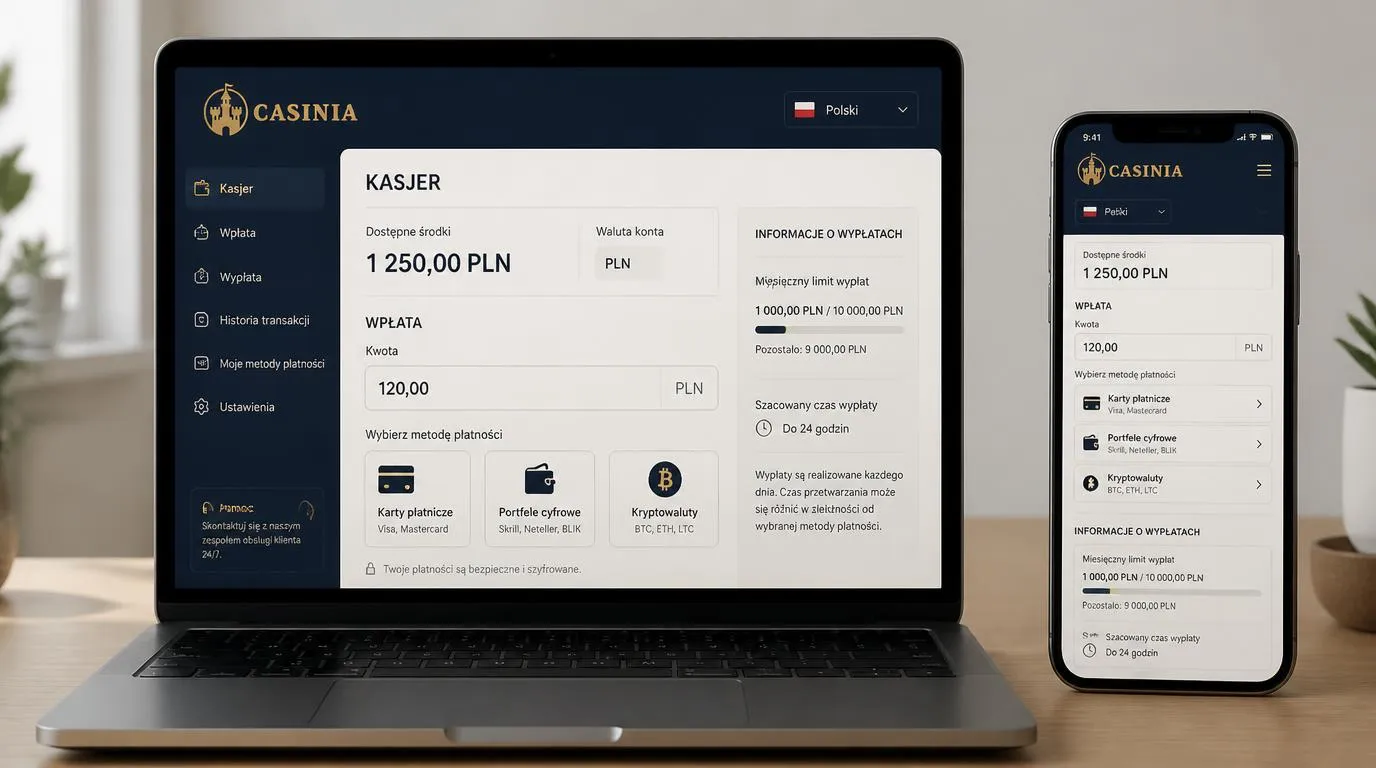 Ekran kasy z kartami, portfelami i kryptowalutami oraz saldem konta w PLN